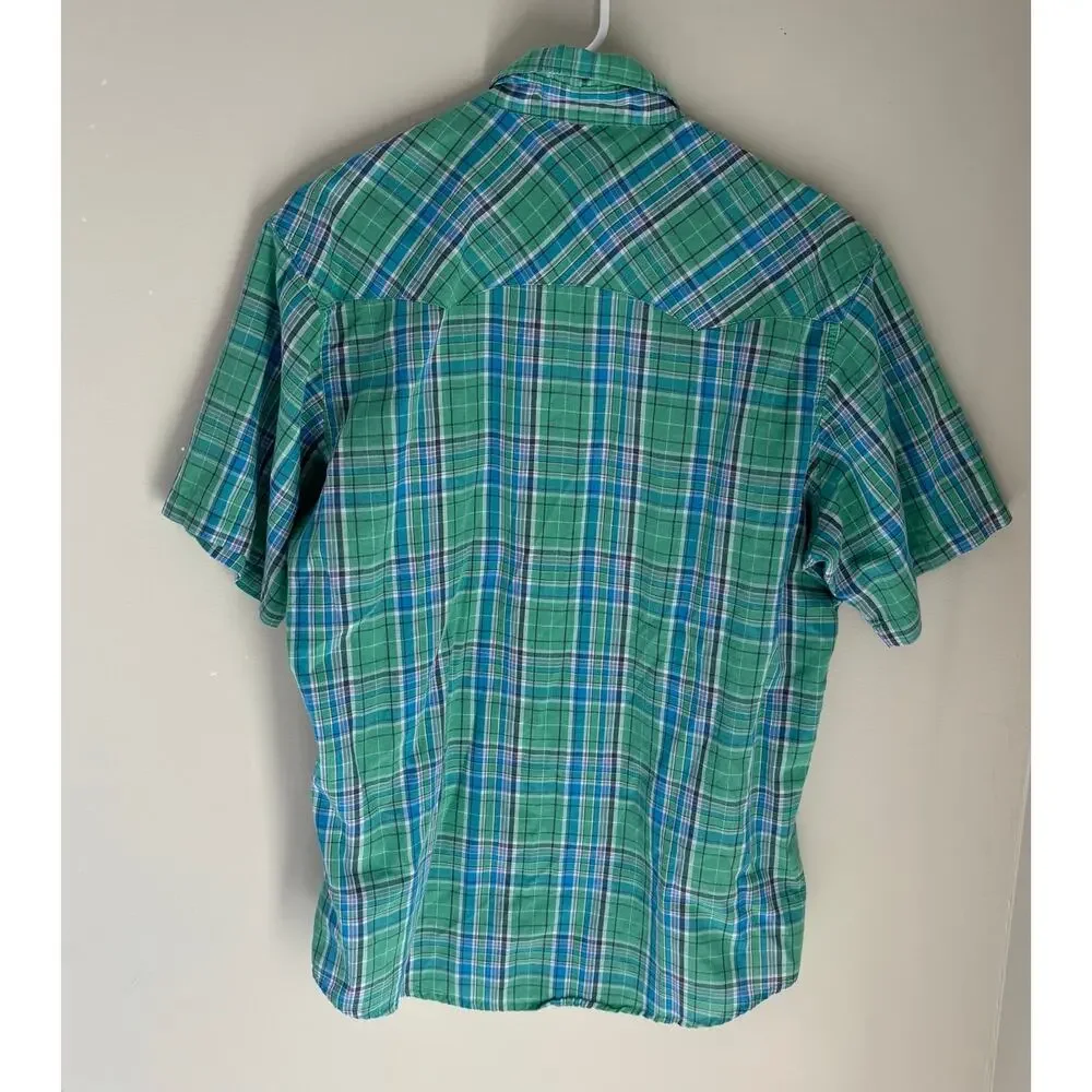 Wrangler Men's Wrancher Shirt Blue Green Plaid Pearl Snap Western Cowboy Sz L
